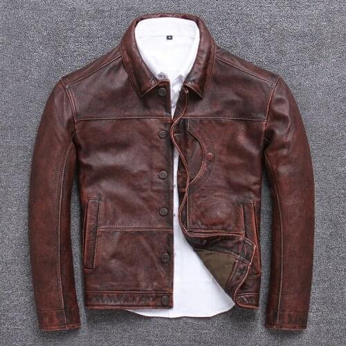 O Beautiful Khaki Wind Cowhide Genuine Leather Clothing Male Self-cultivation Short Sand Washing Stone Do Used Lapel