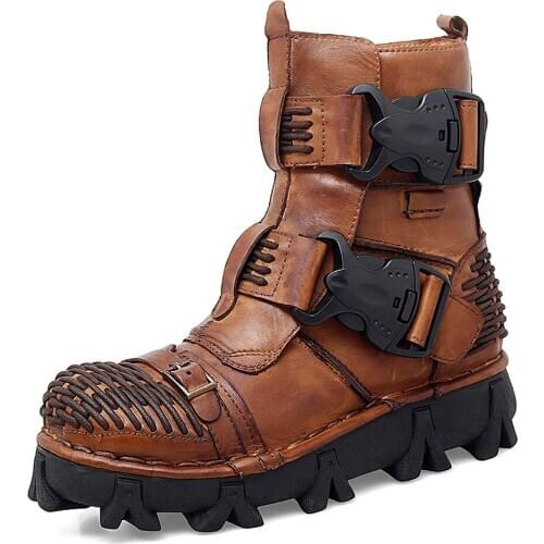 OLOMLB Mens Warm Winter Ankle Boots Belt Buckle Real Leather Punk Platform Army Combat Shoes Knight Plus Size Gothic New 2020