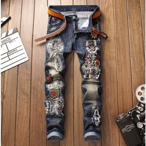 Original design mens jeans trousers autumn winter blue embroidered hole patch Micro-bomb male feet pants pantalones hombre