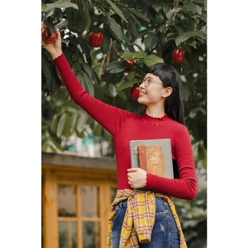 INMAN Autumn Winter Skinny Pullover Cute Sweet Womens Bud High Collar Red Knitwear Wavy Edge Elegant Bottoming Sweater