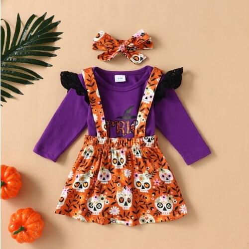 Halloween Print Skirt Outfits Toddler Baby Girls Halloween Letter Romper+Cartoon Skirts+Headband Outfits Set roupas infantis