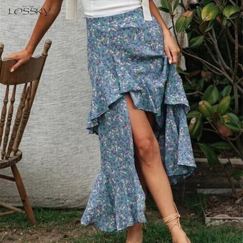 Summer Midi Skirts Womens High Waisted Floral Print Asymmetrical Skirt Black Ruffle Sexy Slit Ladies Long Clothing Green 2020