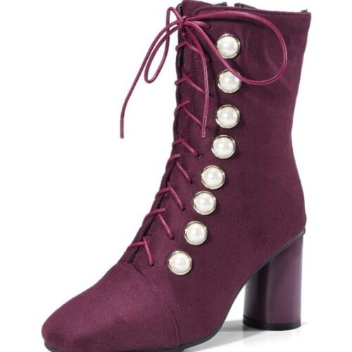 Suede Pearl Boots Women Autumn Winter Fashion Bootie Shoes Front Lace Up Ankle Boots with Zipper Thick Heeled Botas 2021 WSH4148