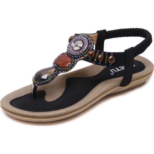 SIKETU Size 4~14 Big Size Black Beading Sandals Women Shoes Khaki Rome Summer Women Flats Shoes sandalias mujer Plus Size 35-45