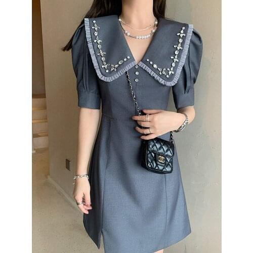 France Style Summer 2021 New Elegant Turn-Down Collar Womens Fashion A-Line Dress Office Lady Short Sleeve Puff Sleeve Dress
