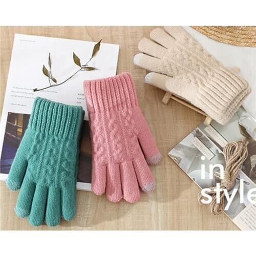 2020 Winter Touch Screen Gloves Women Cute Cartoon Bear Printed Wool Knitted Full Finger Mittens For Girls Christmas Fashion