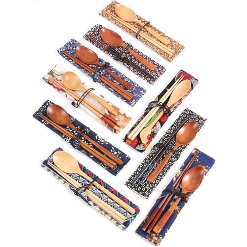 50sets Portable Tableware Wooden Cutlery Sets with Useful Spoon Chopsticks Travel Gift Dinnerware Suit with Cloth Bag