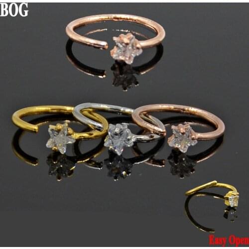 BOG-1PC Brass&Zircon Star Zircon Bended Seamless Ring Nose Ring Ear Tragus Cartilage Earring Body Piercing Jewelry 16G