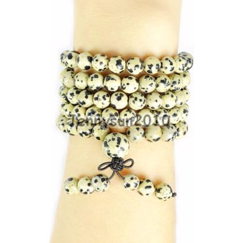 Natural Dalmation Spot 8mm Gem Stone Buddhist 108 Beads Prayer Mala Multi-Purpose Stretchy Bracelet Necklace 2Strands/Pack