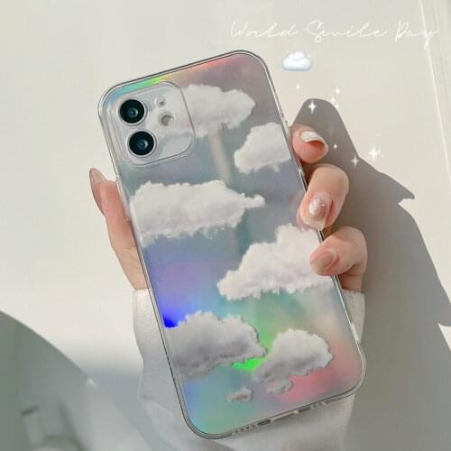 For iPhone 12 Mini 11 Pro Max 7 8 Plus X XR XS Max SE 2020 Colorful clouds laser Phone Case Clear Art Lens Frame Soft TPU Cover