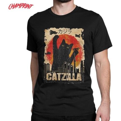 Catzilla Black Japanese Cat Lover Mens T Shirt Casual Tee Shirt Short Sleeve O Neck T-Shirts Pure Cotton Original Tops