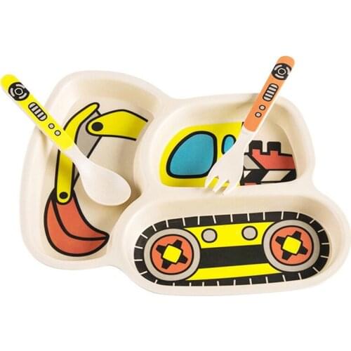 3Pcs/Set Baby Dish Tableware Children Cartoon Car Feeding Bowl Dishes Kids Natural Bamboo Fiber Dinnerware with Fork Spoon Plate
