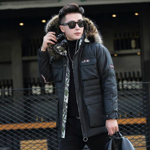 Genuine Cow Winter Down Racoon Fur Collar Long Coat Men Cowhide Leather Jacket ML-GF18122 KJ1185