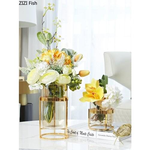 Hydroponic Glass Vases Golden Alloy Shelf Tabletop Vase Ornaments Flower Arrangement Floral Home Decoration Accessories Modern