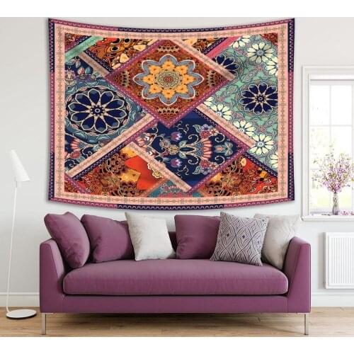 Tapestry Patchwork Pattern with Flowers Mandalas and Ornamental Frame Vintage Decorative Art Blue Yellow Green