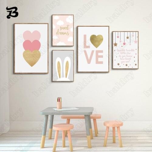 Girly Heart Canvas Painting Nordic Wall Art Poster Print Gold Heart Love Rabbit Ears Wall Pictures for Little Girls Room Decor