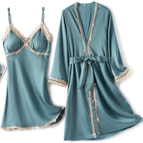 Summer Kimono Robe Gown Bridal Satin 2 Pieces Bathrobe&Chemise Sleepwear Sexy Lace Trim Bridesmaid Wedding Intimate Lingerie