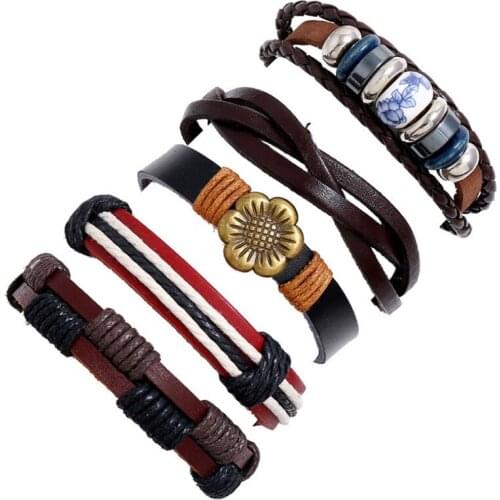 Fashion Vintage Multi-layer Leather Bracelet Set Alloy Flower Beads Charm Wristbands Weave Wrap Bangle Casual Retro Jewelry Gift