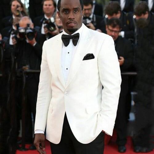 Ivory Mens Wedding Suits with Black Pants Ceremony Party Slim Fit 2 Piece Groom Tuxedo Gentlemen Blazers Male Fashion Costume