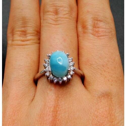 New Arrival Engagement Wedding Ring 925 Sterling Silver Oval 7x9mm Natural Larimar Women Halo Ring For Gift