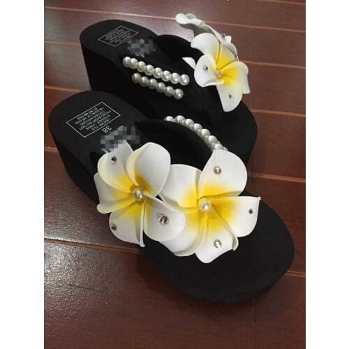 New Summer Pearl Egg Flower Sewing Beach Shoes Wedges Platform Durable Flip Flops free shipping