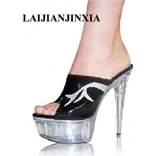 New 15CM Nightclub Sexy crystal high heels romantic sweet slipper shoes model Modol show shoes/party Dance Women Shoes