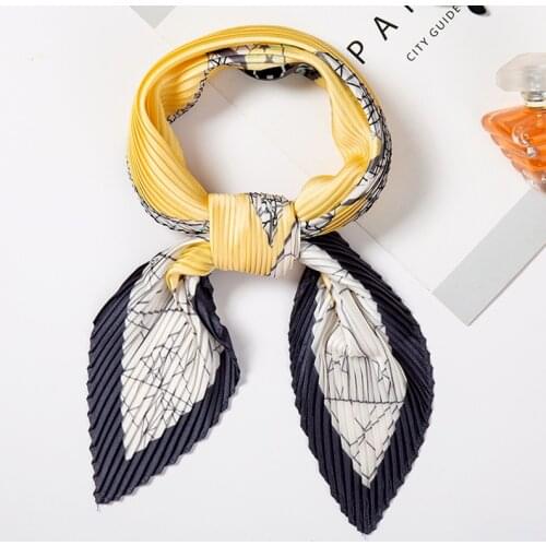 Yishine New Pleated Square Scarf Small Silk Neck Wear for Women Crumple Tower Crinkle Print Foulard Female Handkerchief