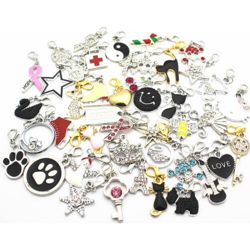 Mixture 50pcs/lot Crystal Alloy Pendant Dangle Charms Lobster Clasp Hanging Charm For Bracelet Floating Charms Jewelry