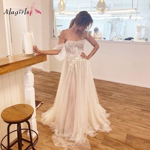 Sexy Strapless Backless Boho Wedding dresses Appliques Transparent Tulle Robe de mariee Beach Wedding Gown 2020