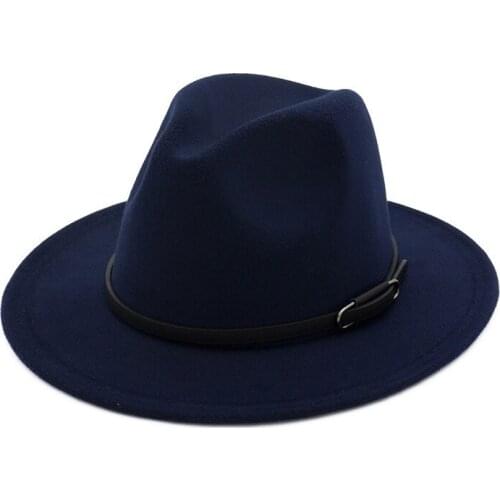 European US Women Men Lady Jazz Trilby Hat with Belt Buckle Trend Female Flat Brim Wool Felt Fedoras Hat Black 10 Colors Winter
