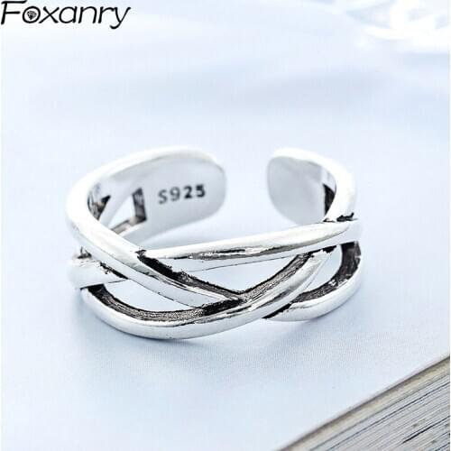 Foxanry Vintage 925 Sterling Silver Rings Creative Terndy Cross Twining Handmade anillos for Women Couples Party Jewelry Gifts