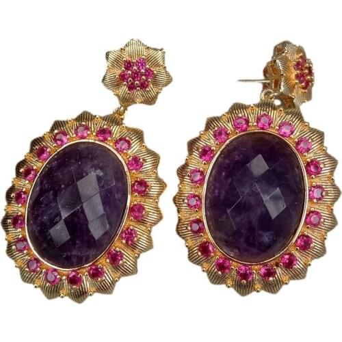 Y.YING Purple Amethyst Oval Shape Cubic Zirconia Pave Bezel Set Dangle Stud Earrings