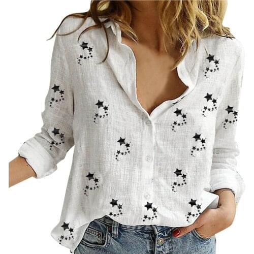 Womens Lapel Button Shirt Star Print Long-sleeved Loose Casual Tee Spring Autumn Pullovers Tops Womens Clothing Blusas Mujer