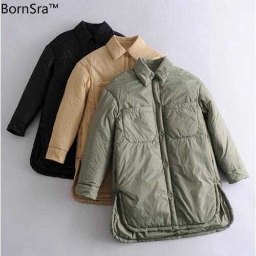 Bornsra Spring 2021 New Loose Double-pocket Split Shirt Jacket Turn-down Collar Regular Solid woman shirt coats