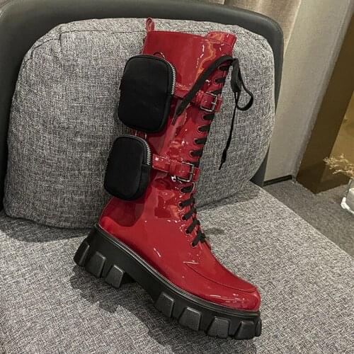 High Platform Buckle Pockets Women Boots Cross Tied Flat With Patent Leather Women Shoes Round Toe Zipper Mid Calf Women Shoes