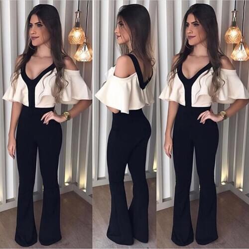 Off Shoulder Ruffle Jumpsuit Women Rompers Deep V Neck Slim Summer Jumpsuit Office Work Wear Elegant Ladies Party Jumpsuit