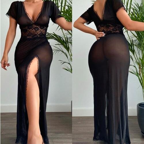 Women Sexy Lace Floral Hollow Out V-neck Dress Babydolls Lingerie High Waist Slit Dress Womens Exotic Dress for Valentines Day