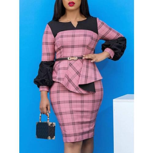 Women Pink Plaid Office Ladies Dresses Patchwork Peplum Long Sleeves Bodycon Classy Female African Fashion Modest Vestidos New