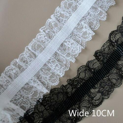 10CM Wide White Black 3D Flowers Embroidered Ribbons Elastic Pleated Tulle Lace Trim Edge Collar Necline Applique Dress Decor