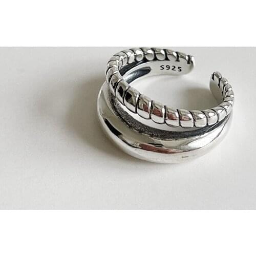 925 Sterling Silver Rings for Women Double Layers Twisted Adjustable Band Punk Statement Antique Thai Silver Vintage Jewelry