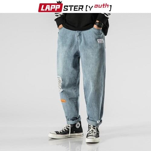 LAPPSTER-Youth Men Distressed Jeans Pants 2021 Mens Vintage Streetwear Blue Denim Pants Korean Fashionss Hip Hop Ripped Jeans