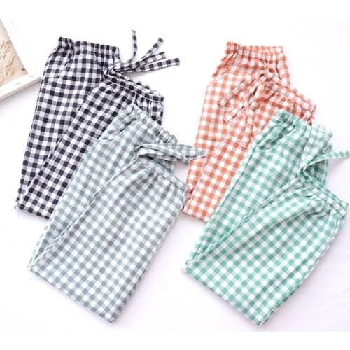 Spring and Summer New Women Home Pants Casual Pants Pajama Pants Interwoven Cotton Silk Checkered Trousers Mosquito-proof Pants