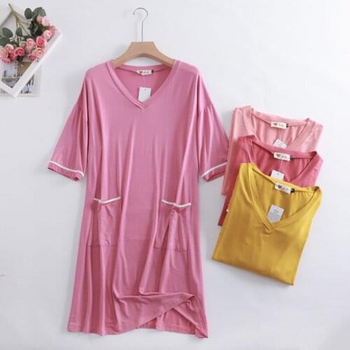 Fashion New Modal Sleepwear Womens V-Neck Mid-Length Dress With Pockets Soft Nightgowns Female Sleepshirt Loose Night Shirt