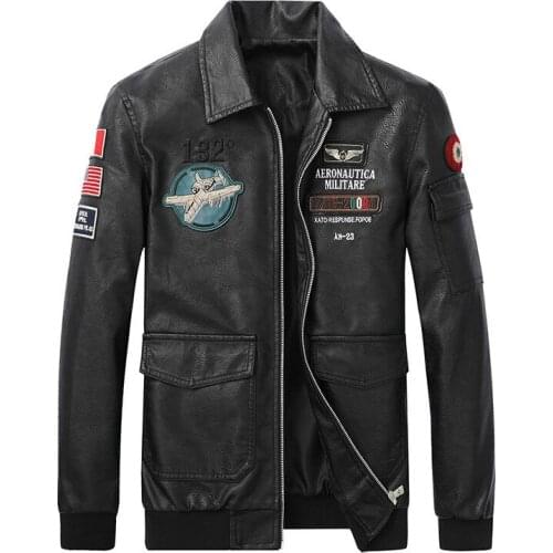 2021 Autumn Winter Mens Leather Flight Bomber Jacket With Embroidery Military Pilot Coat Outerwear Slim Fit Clongthing Big Size