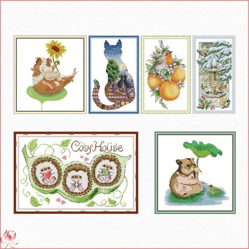 Cute Animal Series Embroidery Cross Stitch Kit Counted 11CT 14CT Birds Scenery Printed Stamped Needlework DIY Craft Thread Set