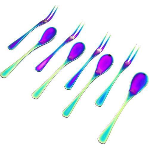 Stainless Steel Colorful Flatware Set Korean Cake Fork Fruit Dessert Cutlery Set Tableware Christmas Pastry Salad Scoop 8pcs/set