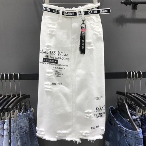 New Women Casual High Waist jeans skirt letter hole White Denim Skirt