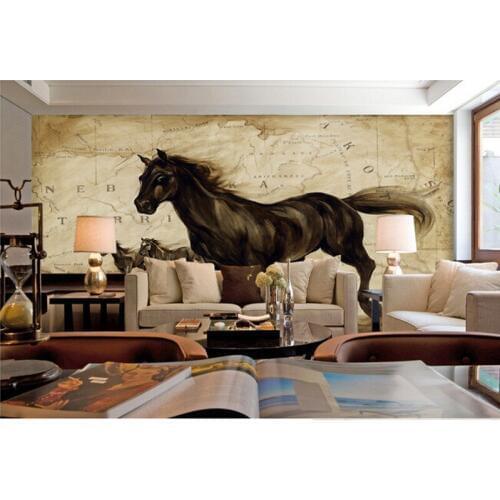 Custom 3D large mural,3D retro nostalgia map black steed paintings ,living room sofa TV wall bedroom wall paper