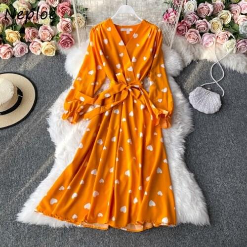 Neploe 2021 Autumn Fashion Slim Waist V-neck Dresses Panelled Print Big Swing Long Dress Cross Lace Up Petal Sleeve Vestidos