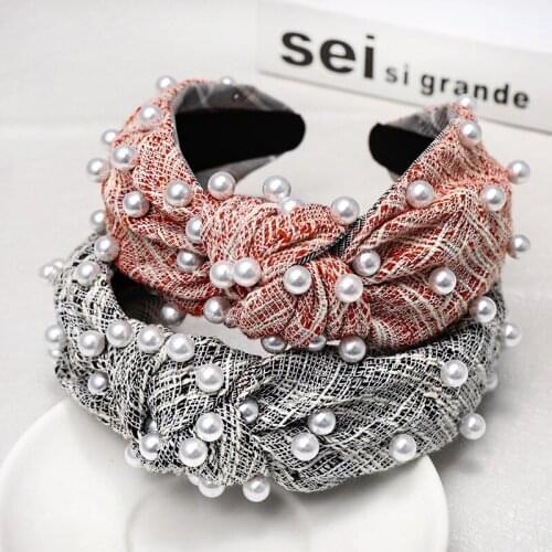 Plaid Woolen Pearl Knot Headbands For Women Korea Hair Accessories Wide Hair Band Crown Flower Hairbands Head Wrap